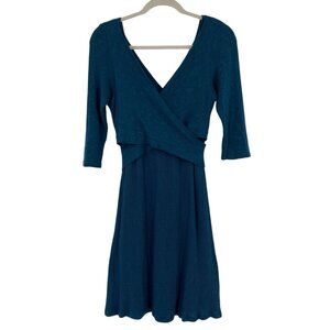 AMADI Womens Size M Blue Wrap Front Ribbed Knit Fit Flare Lola Dress 3/4 Sleeve